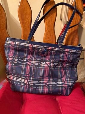 Coach Navy and Pink Plaid Logo-Print Tote